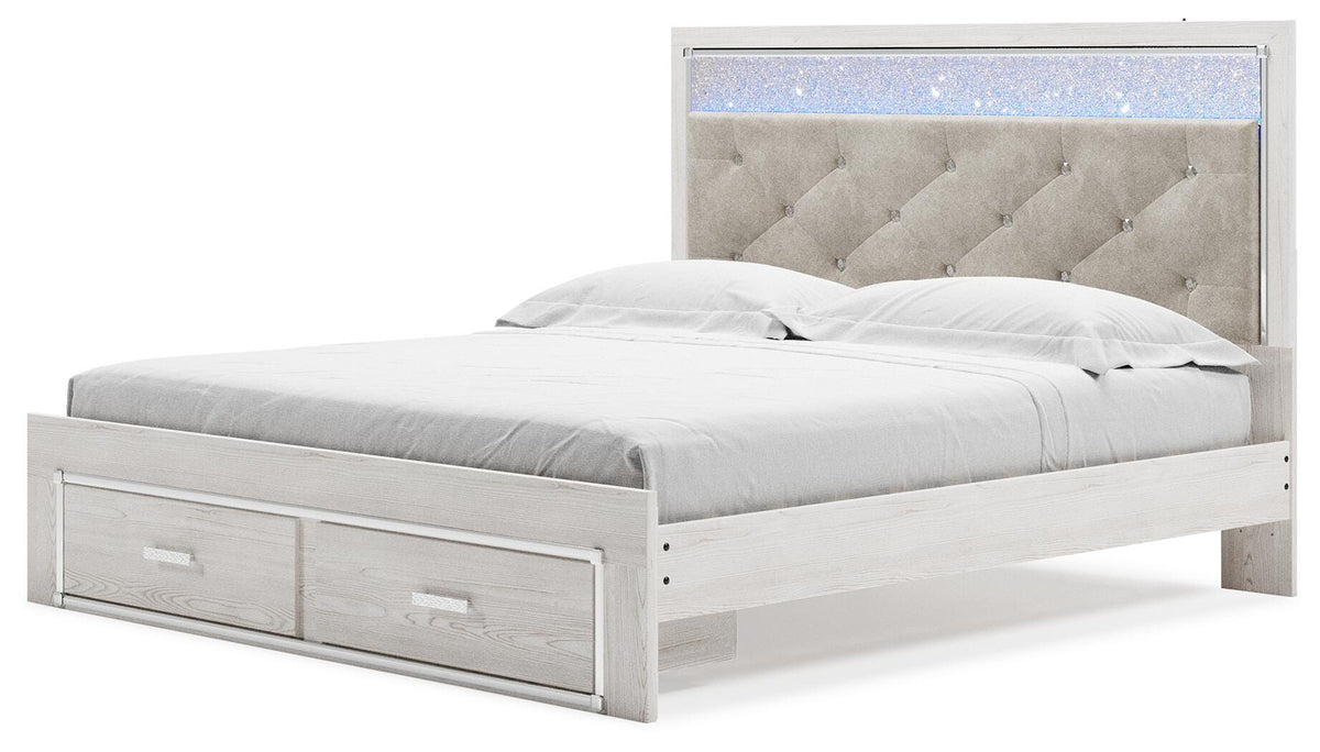 Altyra King Upholstered Panel Storage Bed, Dresser, Mirror and Nightstand - White (2)