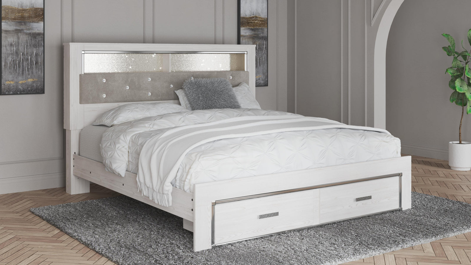 Altyra King Upholstered Bookcase Bed with Storage - White (2)