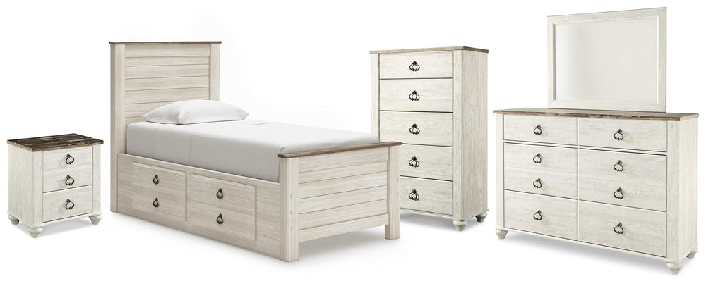 Willowton Twin Bed with Storage, Dresser, Mirror, Chest and Nightstand - Whitewash (1)