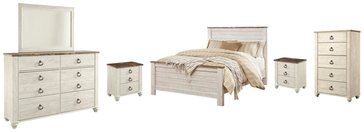 Willowton Queen Panel Bed, Dresser, Mirror, Chest and 2 Nightstands - Whitewash (1)