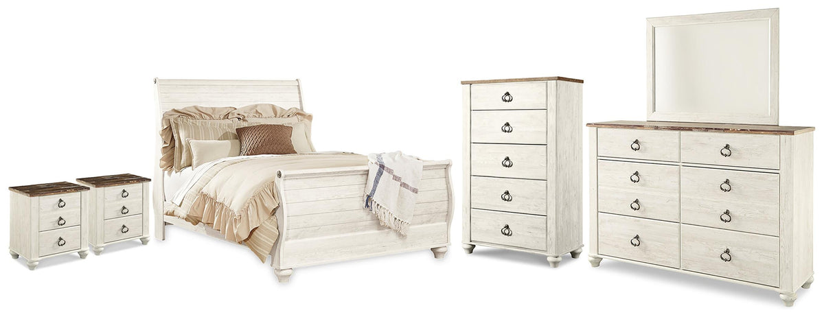 Willowton Queen Sleigh Bed, Dresser, Mirror, Chest and 2 Nightstands - Whitewash (1)