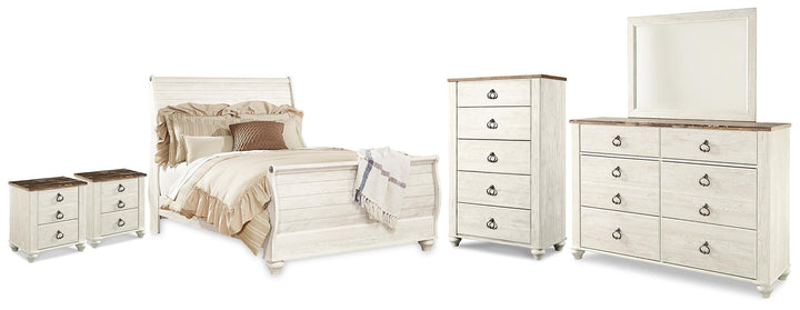 Willowton Queen Sleigh Bed, Dresser, Mirror, Chest and 2 Nightstands - Whitewash (1)
