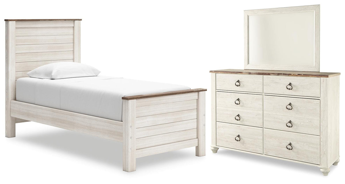Willowton Twin Panel Bed, Dresser and Mirror (1)
