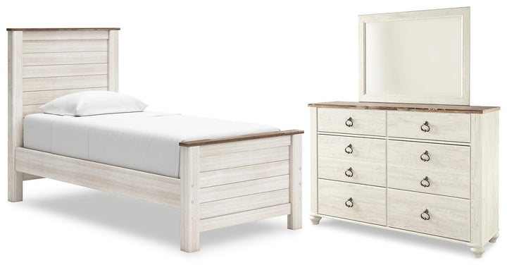 Willowton Twin Panel Bed, Dresser and Mirror (1)