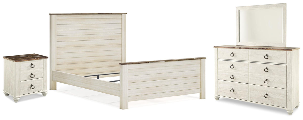 Willowton Queen Panel Bed, Dresser, Mirror, and Nightstand - Whitewash (1)