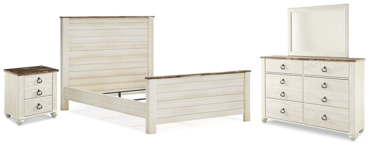 Willowton Queen Panel Bed, Dresser, Mirror, and Nightstand - Whitewash (1)