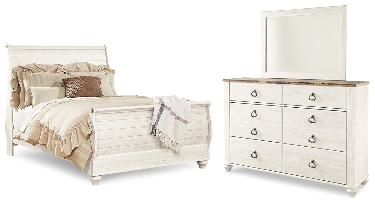Willowton Queen Sleigh Bed, Dresser and Mirror - Whitewash (1)