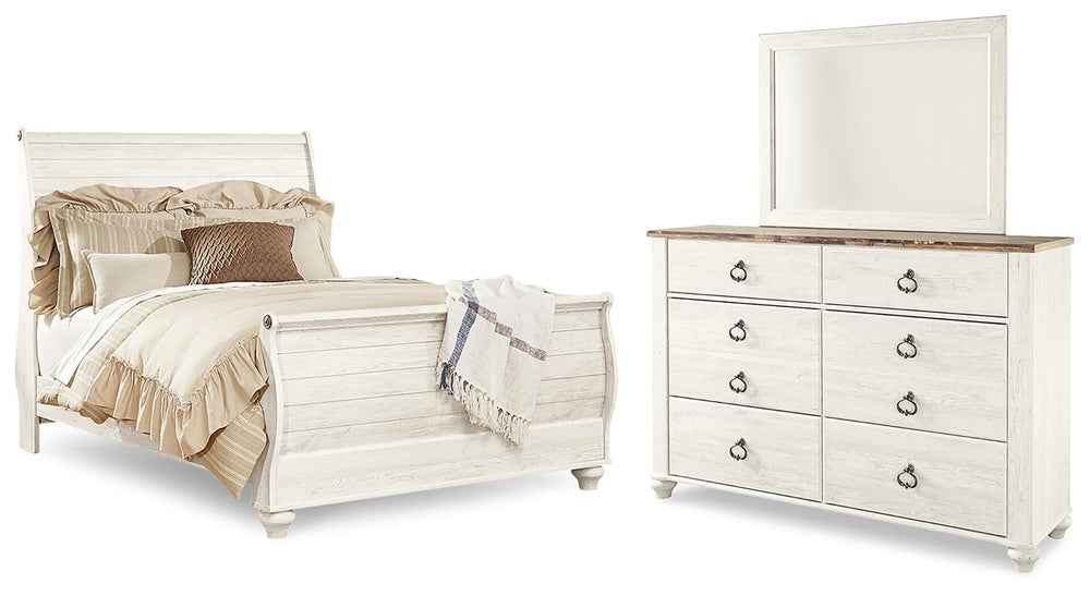 Willowton Queen Sleigh Bed, Dresser and Mirror - Whitewash (1)