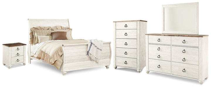 Willowton Queen Sleigh Bed, Dresser, Mirror, Chest and Nightstand - Whitewash (1)