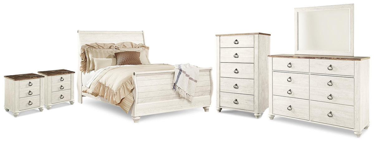 Willowton Queen Sleigh Bed, 2 Dressers, Mirror, Chest and 2 Nightstands - Whitewash (1)