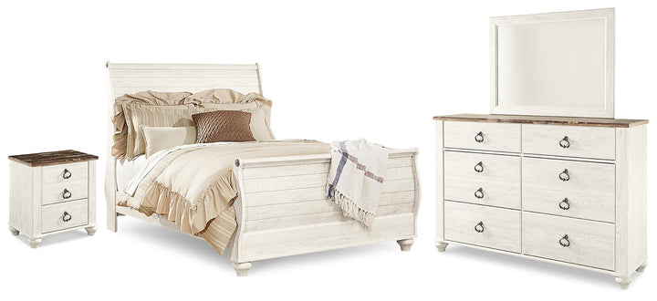 Willowton Queen Sleigh Bed with Mirrored Dresser and Nightstand - Whitewash (1)