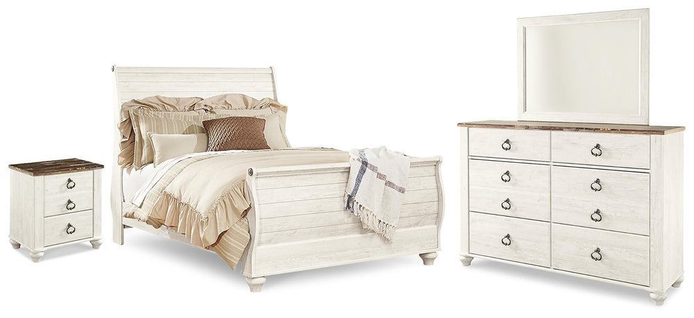 Willowton Queen Sleigh Bed with Mirrored Dresser and Nightstand - Whitewash (1)