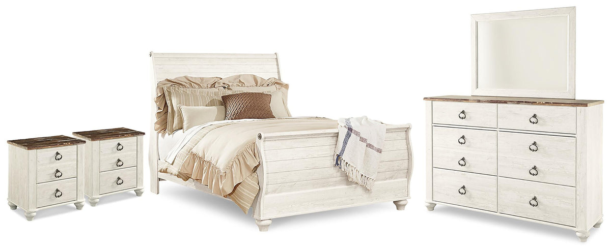 Willowton Queen Panel Bed, Dresser, Mirror and 2 Nightstands - Whitewash (1)