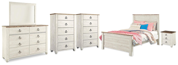 Willowton Full Panel Bed, Dresser, Mirror, 2 Chests and nightstand - Whitewash (1)