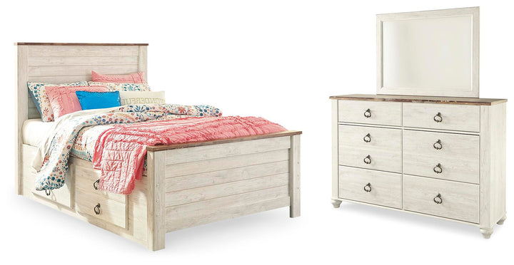 Willowton Full Panel Bed with Storage, Dresser and Mirror - Whitewash (1)