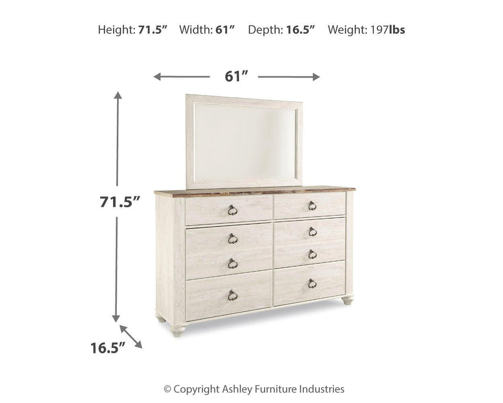 Willowton Queen Sleigh Bed, 2 Dressers, Mirror, Chest and 2 Nightstands - Whitewash (4)