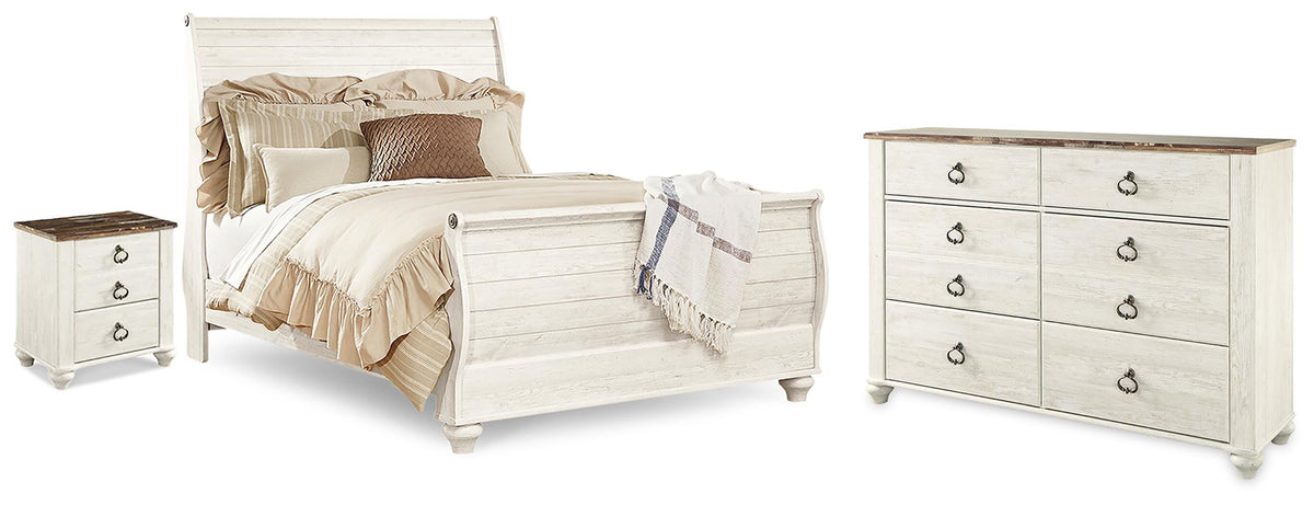 Willowton Queen Sleigh Bed, Dresser and Nightstand - Whitewash (1)
