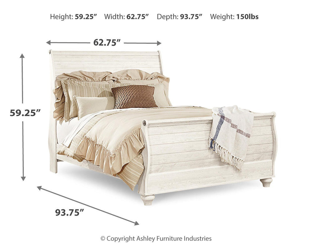 Willowton Queen Sleigh Bed, Dresser, Mirror, Chest and 2 Nightstands - Whitewash (7)