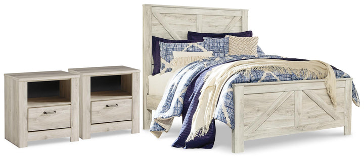 Bellaby Queen Crossbuck Panel Bed and 2 Nightstands - Whitewash (1)