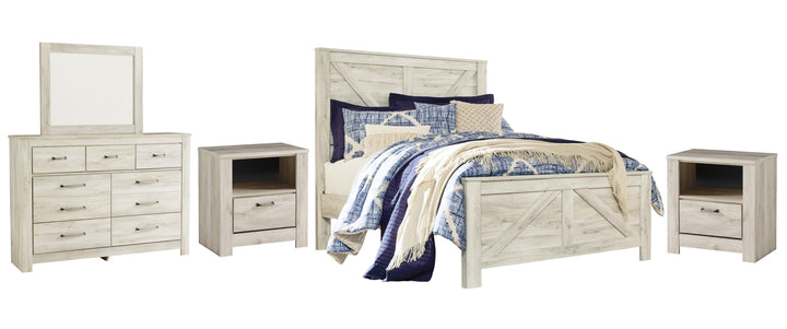 Bellaby Queen Crossbuck Panel Bed, Dresser, Mirror and 2 Nightstands - Whitewash (1)
