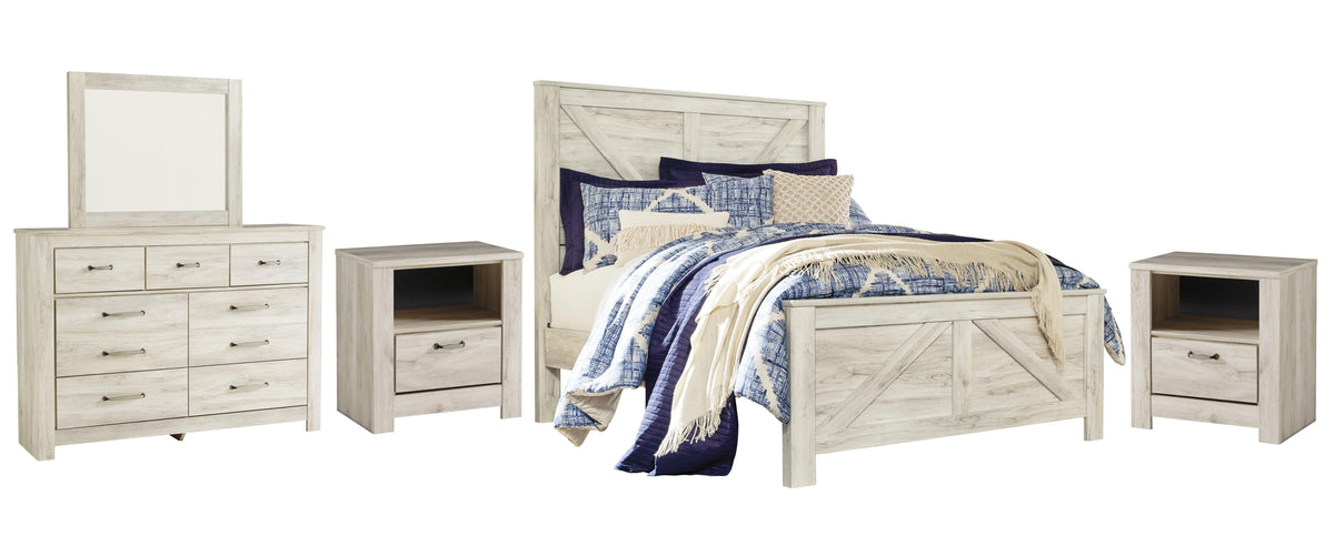 Bellaby Queen Crossbuck Panel Bed, Dresser, Mirror and 2 Nightstands - Whitewash (1)