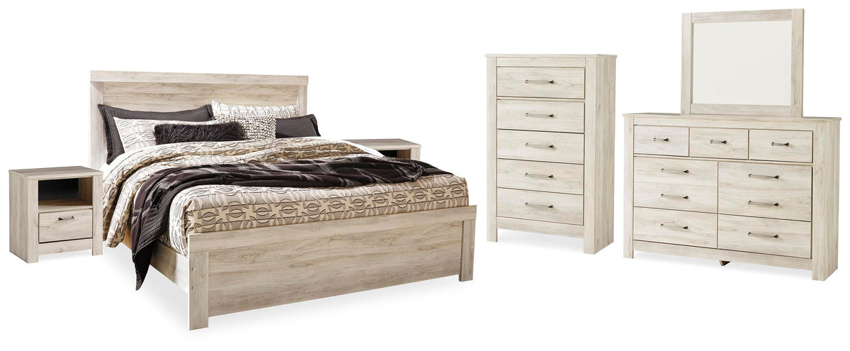 Bellaby King Panel Bed, Dresser, Mirror, Chest and 2 Nightstands - Whitewash (2)