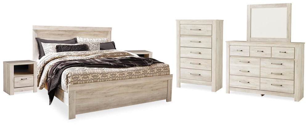 Bellaby King Panel Bed, Dresser, Mirror, Chest and 2 Nightstands - Whitewash (2)