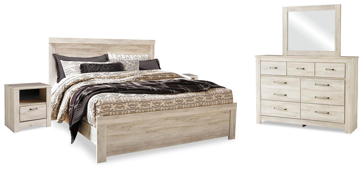 Bellaby King Panel Bed, Dresser, Mirror and 2 Nightstands - Whitewash (1)
