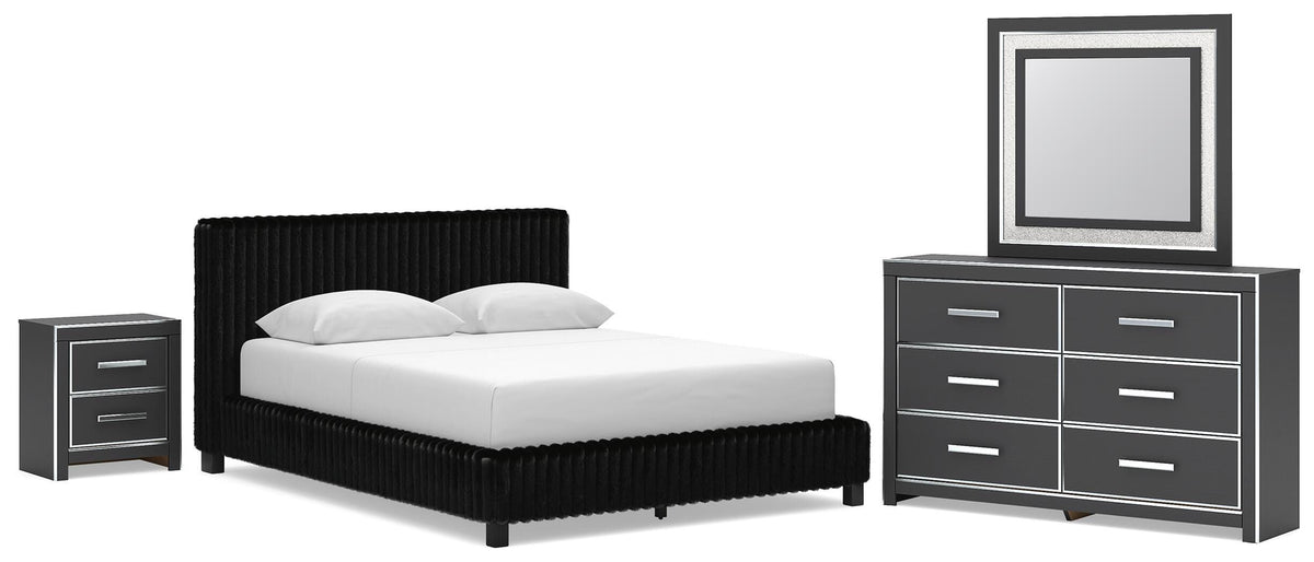 Zuraleus Queen Upholstered Bed, Dresser, Mirror and Nightstand - Black (1)