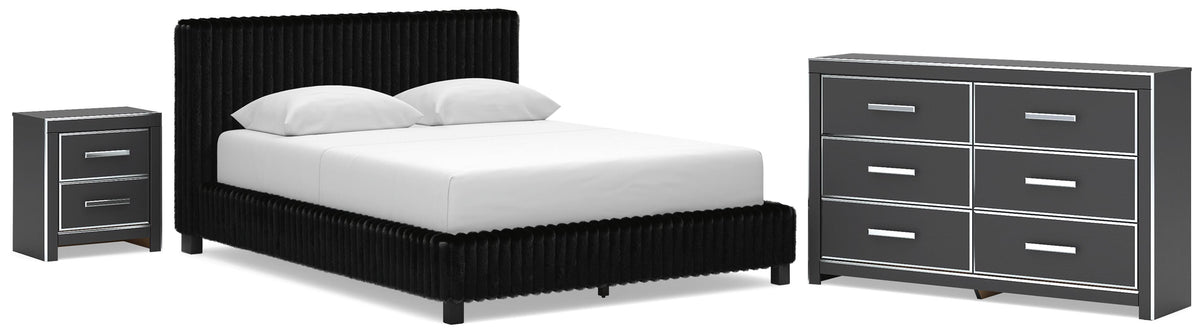 Zuraleus Queen Upholstered Bed, Dresser and Nightstand - Black (1)