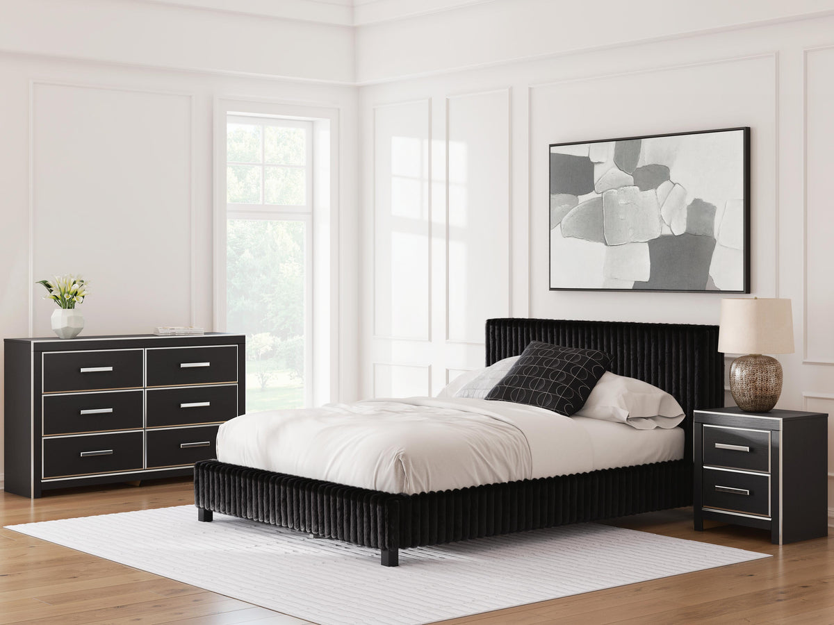 Zuraleus Queen Upholstered Bed, Dresser and Nightstand - Black (2)