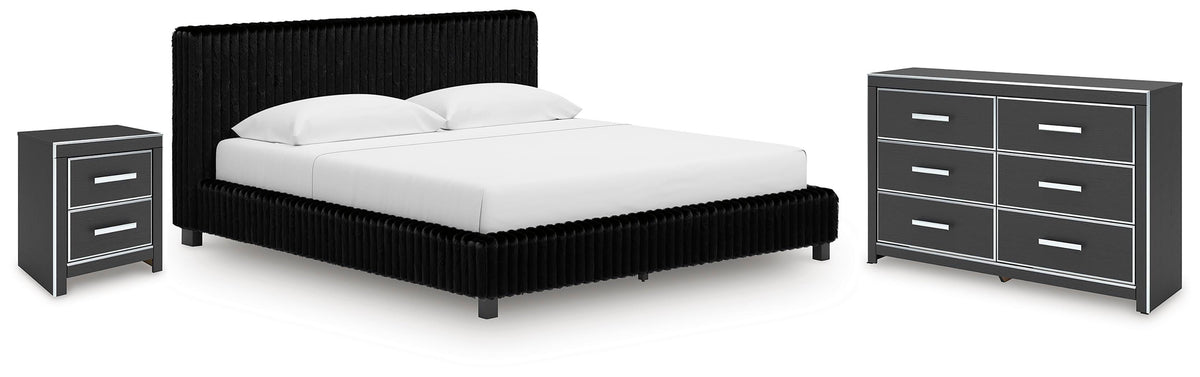 Zuraleus King Upholstered Bed, Dresser and Nightstand - Black (1)