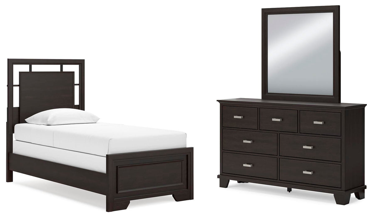 Covetown Twin Panel Bed, Dresser and Mirror - Dark Brown (1)