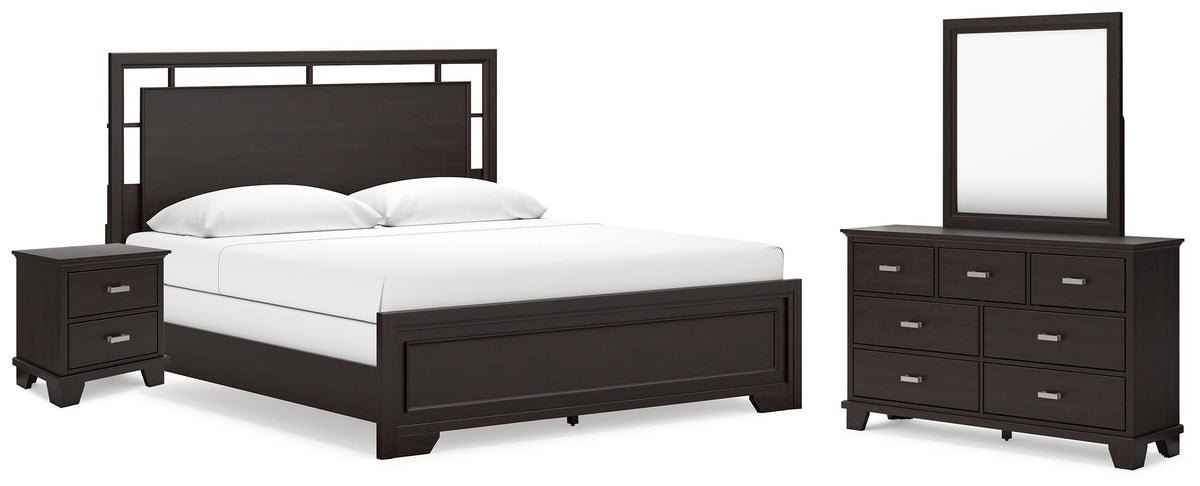 Covetown King Panel Bed, Dresser, Mirror and Nightstand - Dark Brown (1)