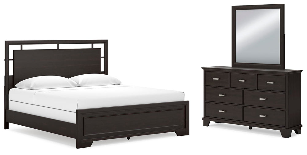Covetown King Panel Bed, Dresser and Mirror - Dark Brown (1)
