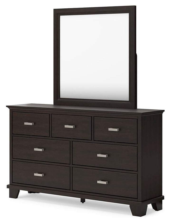 Covetown King Panel Bed, Dresser, Mirror and Nightstand - Dark Brown (8)