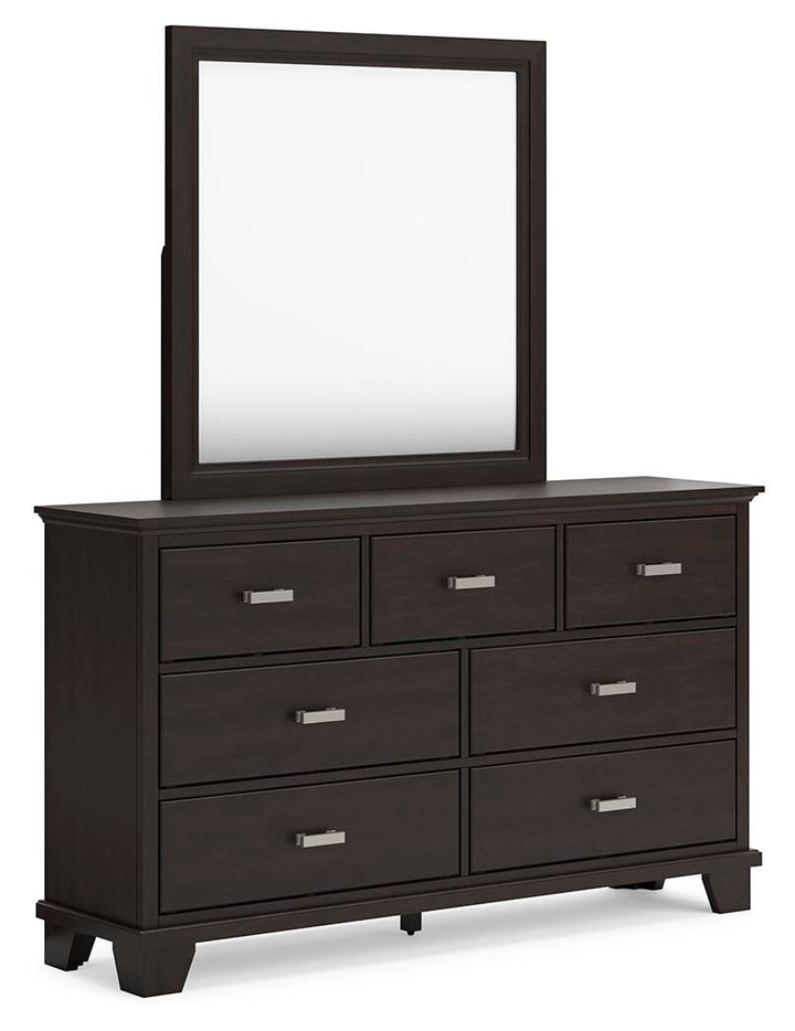 Covetown King Panel Bed, Dresser, Mirror and Nightstand - Dark Brown (3)