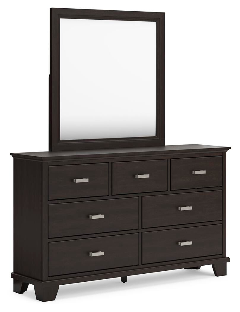 Covetown King Panel Bed, Dresser, Mirror and Nightstand - Dark Brown (3)