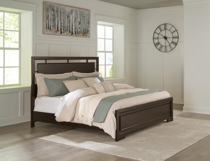 Covetown King Panel Bed, Dresser and Mirror - Dark Brown (11)