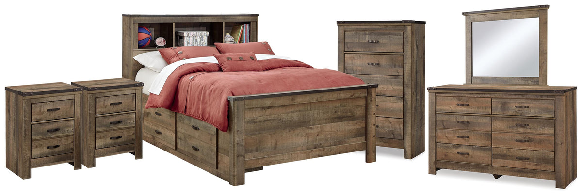 Trinell Full Bookcase Storage Bed, Dresser, Mirror, Chest and 2 Nightstands - Brown (1)
