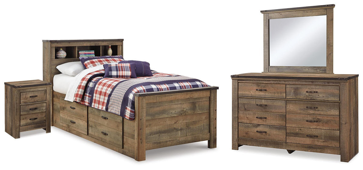 Trinell Twin Bookcase Storage Bed, Dresser, Mirror and Nightstand - Brown (1)