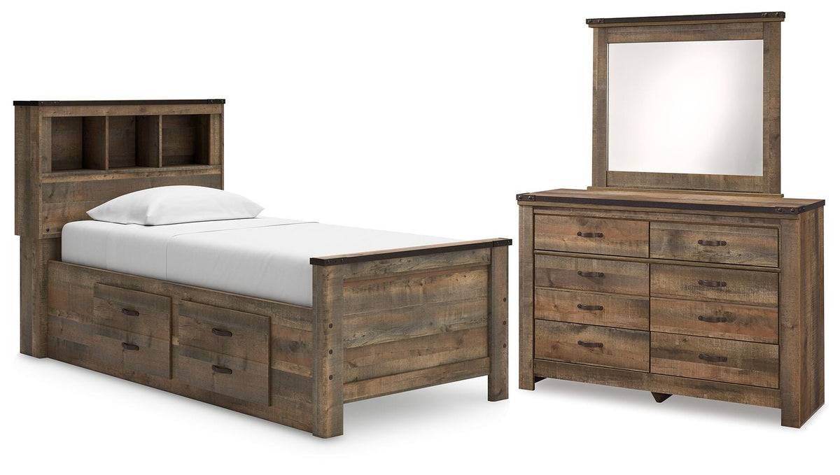 Trinell Twin Bookcase Storage Bed, Dresser and Mirror - Brown (1)