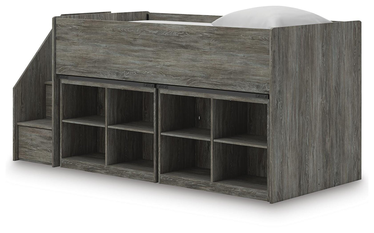 Frandern Twin Loft Bed with Bookcase Storage - Warm Gray (2)
