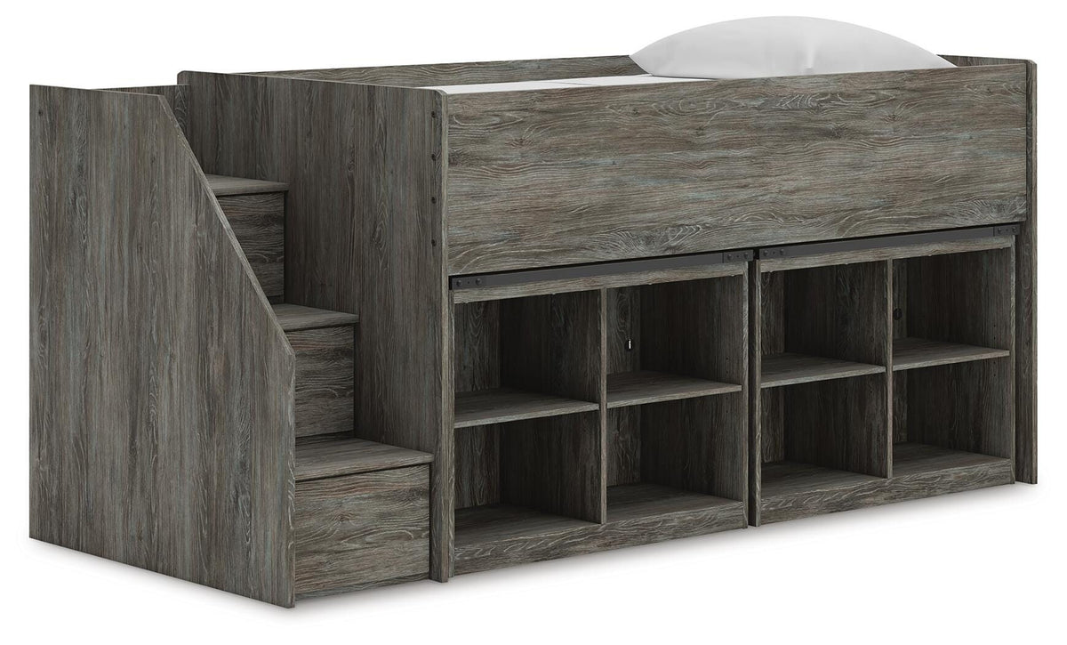 Frandern Twin Loft Bed with Bookcase Storage - Warm Gray (1)