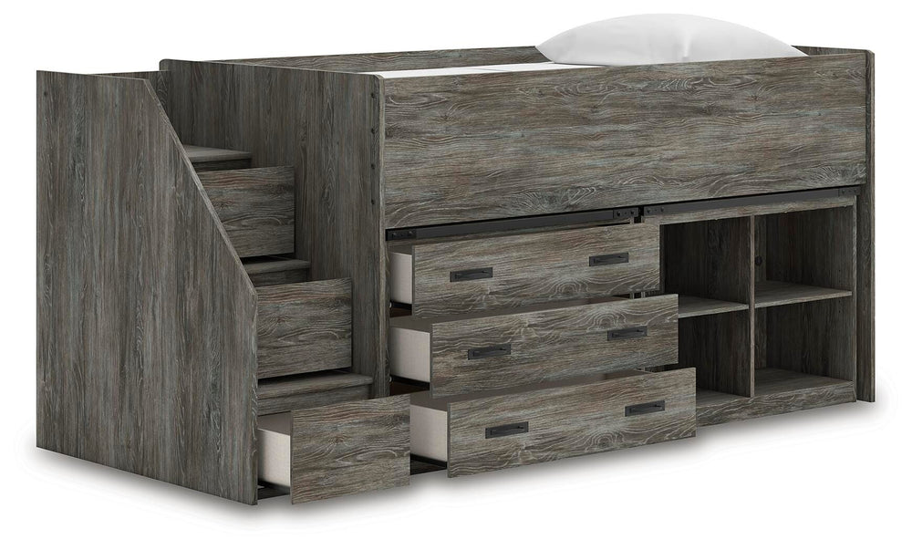 Frandern Twin Loft  Bed with Bookcase and Drawer Storage - Gray (4)