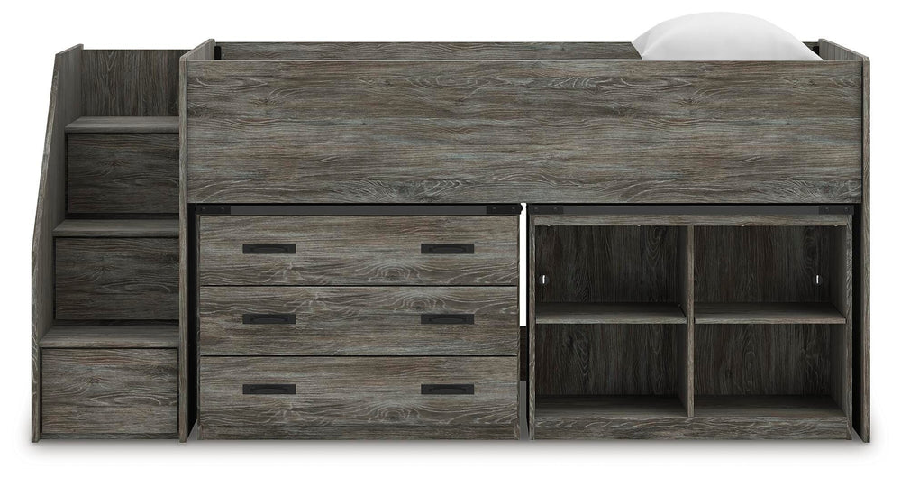 Frandern Twin Loft  Bed with Bookcase and Drawer Storage - Gray (7)