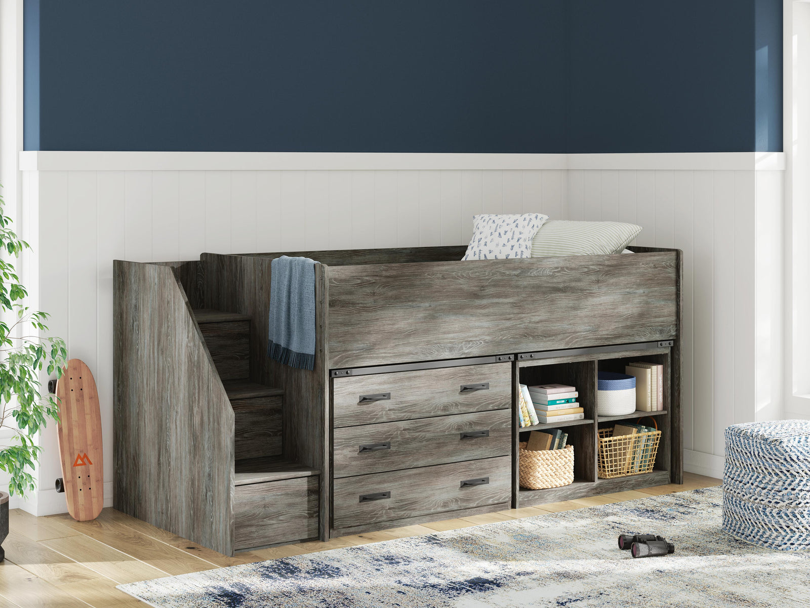 Frandern Twin Loft  Bed with Bookcase and Drawer Storage - Gray (2)