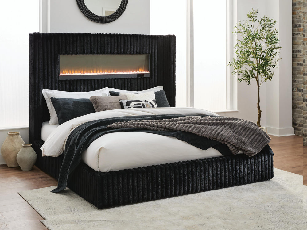 Tayleena King Upholstered Bed with Fireplace and Wireless Audio - Black (5)