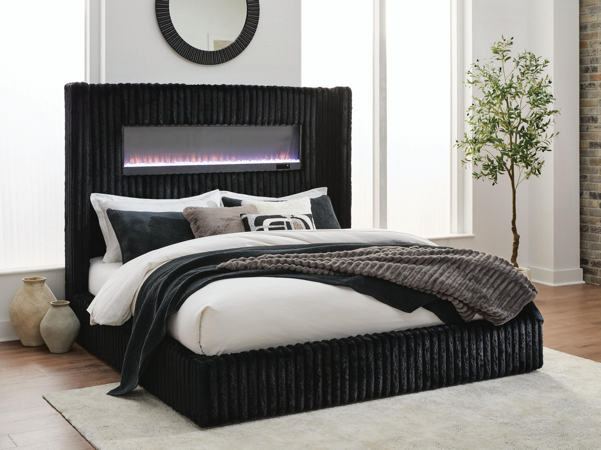 Tayleena King Upholstered Bed with Fireplace and Wireless Audio - Black (2)