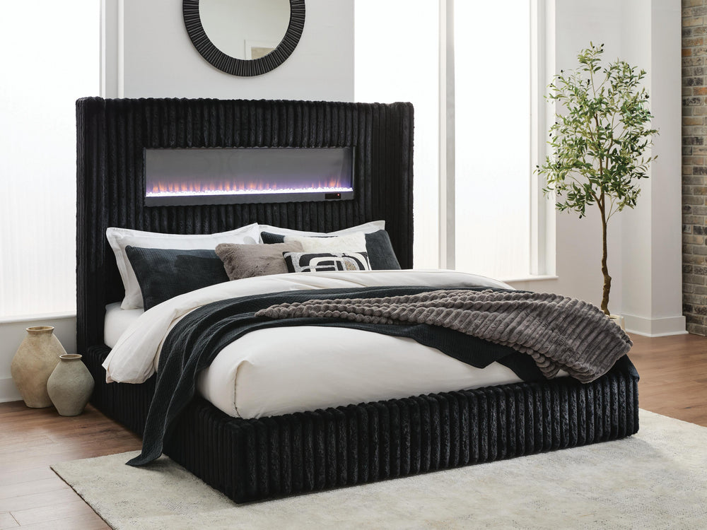 Tayleena King Upholstered Bed with Fireplace and Wireless Audio - Black (2)